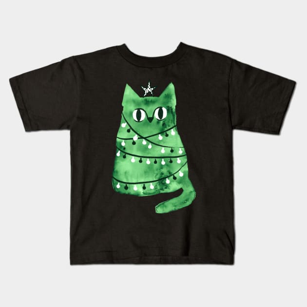 Watercolor green Christmas cat Kids T-Shirt by kostolom3000